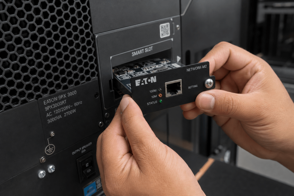 Técnico CSTEC instalando tarjeta SNMP Network-M2 en UPS Eaton