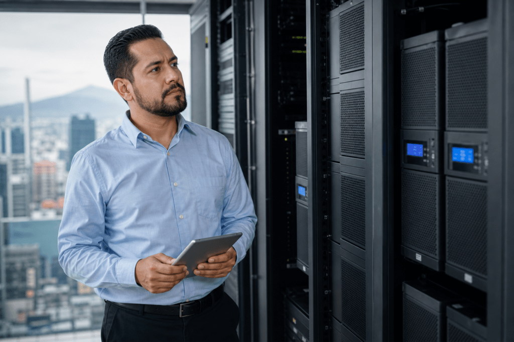 Gerente de TI mexicano evaluando UPS empresarial en rack de servidores CDMX