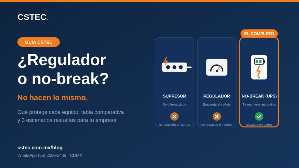 Diferencia entre regulador, supresor de picos y no-break (UPS) — guía CSTEC CDMX