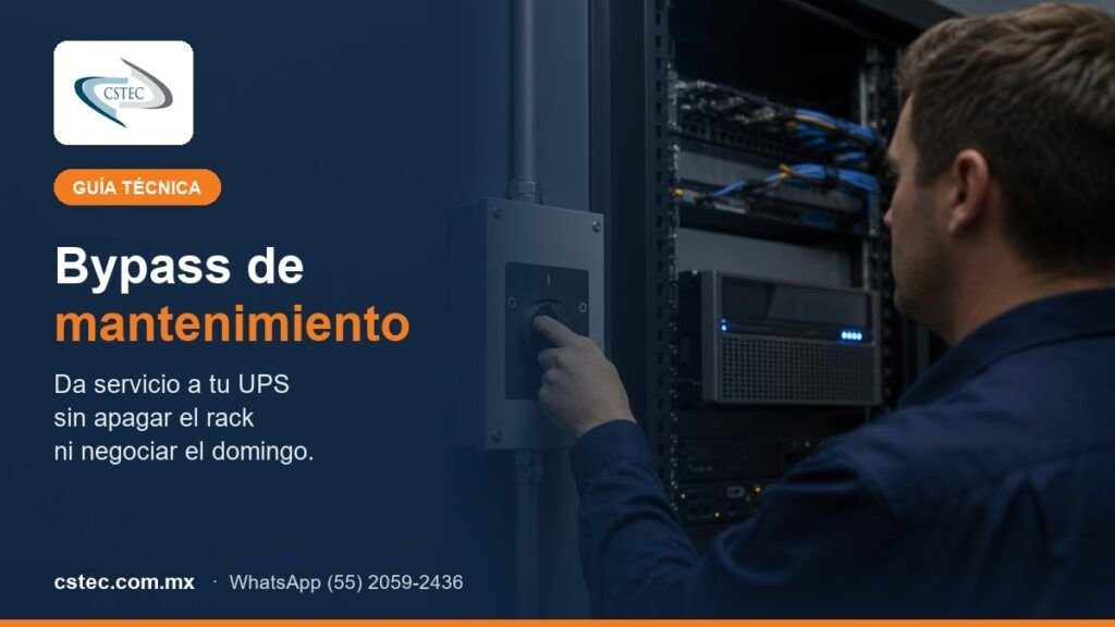 Tablero de bypass de mantenimiento junto a un UPS en el rack de un site de CDMX