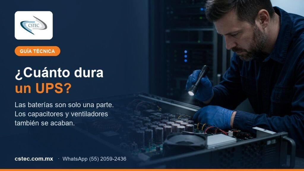 Técnico revisando los capacitores de un UPS abierto en un site de CDMX