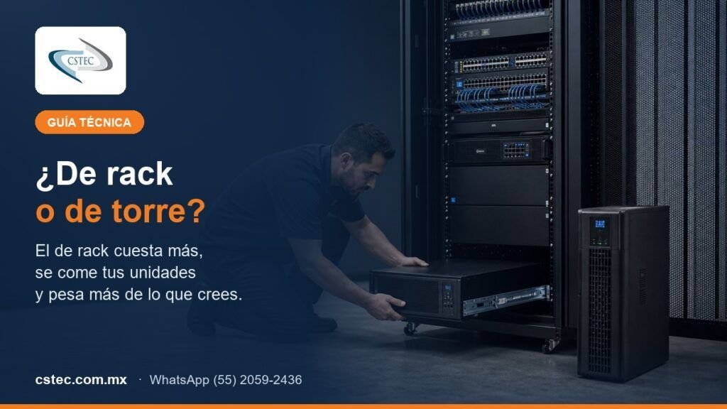 Técnico montando un UPS de rack en la parte baja de un gabinete en CDMX