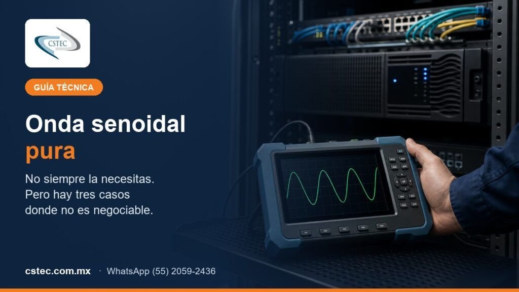 Osciloscopio mostrando la onda senoidal pura de un UPS en un rack de CDMX